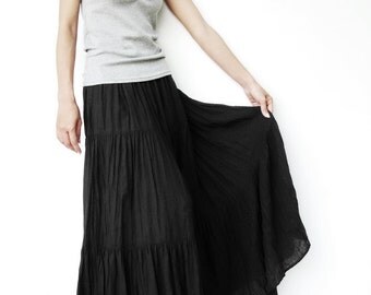 NO.5 Black Cotton Gauze, Hippie Gypsy Boho Tiered Long Peasant Skirt