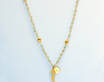 Personalized seahorse necklace - Initial necklace - apatite wire wrapped chain, rosary necklace, long necklace, gemstone necklace, jewelry
