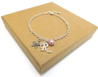 Flower Girl Gift, Flower Girl Bracelet, Flower Charm Bracelet, Personalised Initial Bracelet, Flower Girl Jewellery, Wedding Jewellery