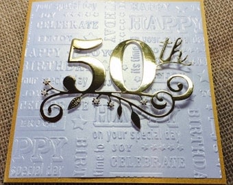 50th Birthday Card, Handmade Golden Birthday Card, Happy Birthday Card, or 50th Anniversary Card, Gold and Pearl