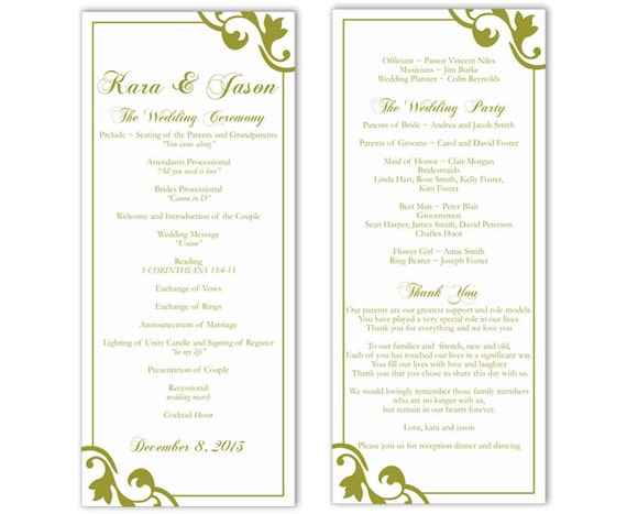 Wedding Program Template DIY Editable Text Word File Instant Download Program Olive Program Green Program Printable Wedding Program 4x9.25