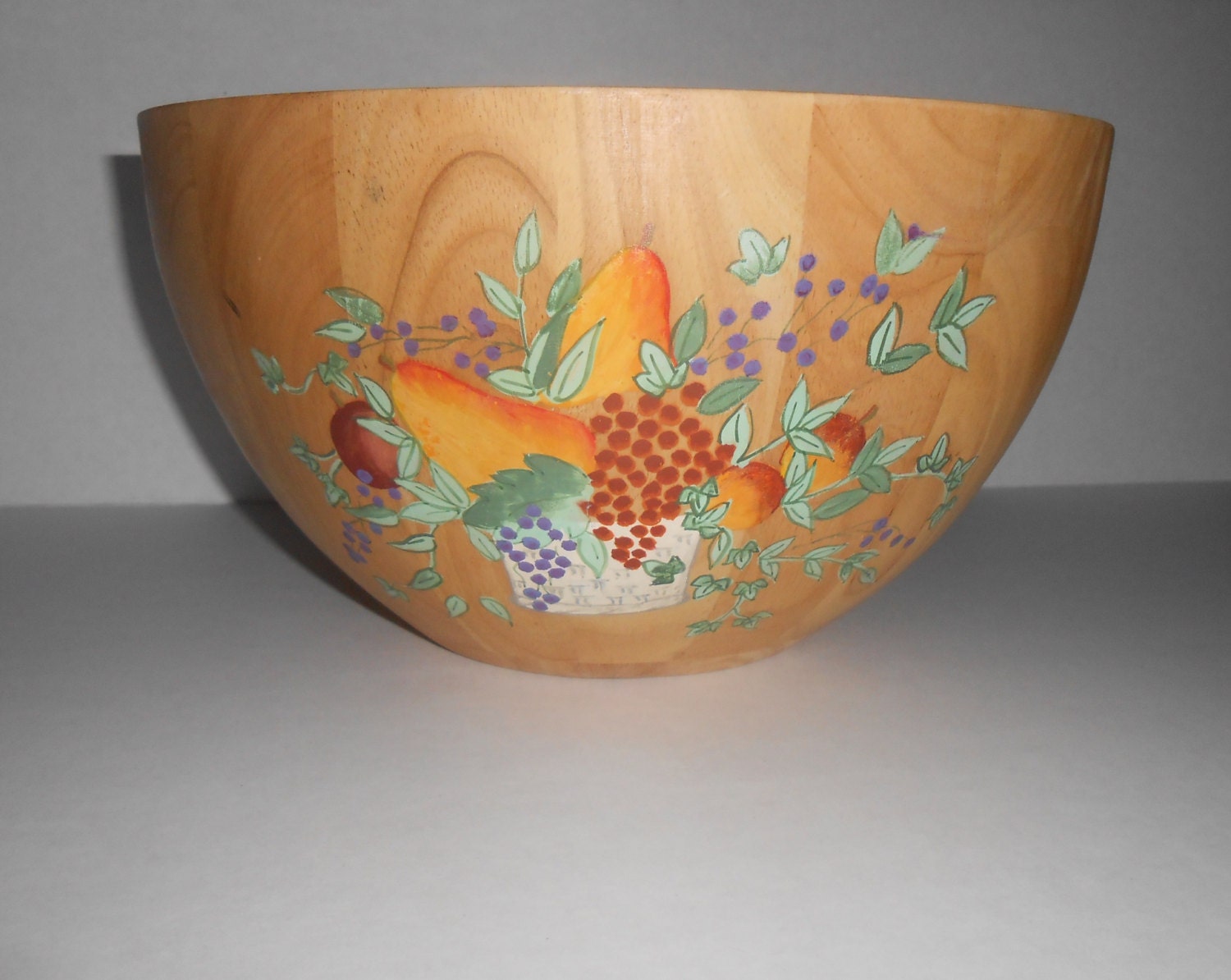 Large wooden salad bowl fruit bowl exterior hand painted