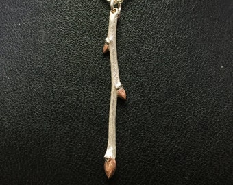 Twig Branch Necklace - Silver Branch With Rose-Gold Plated Buds - Nature Jewelry