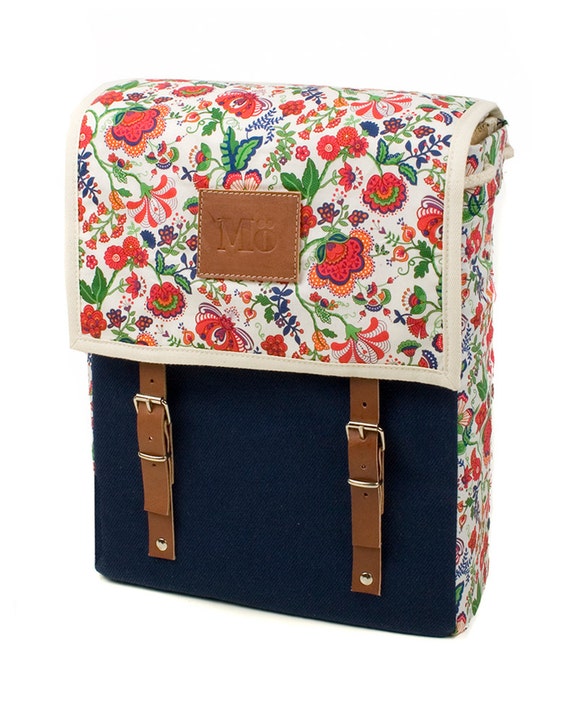 Frida bleu sac à dos, sac à dos impression toile et cuir, Méditerranée inspirée, ensoleillée, fleur imprimé sac, sac à dos féminin