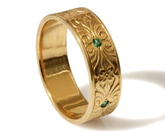 gold ring 14k band yellow floral diamond deco thick engraved mens