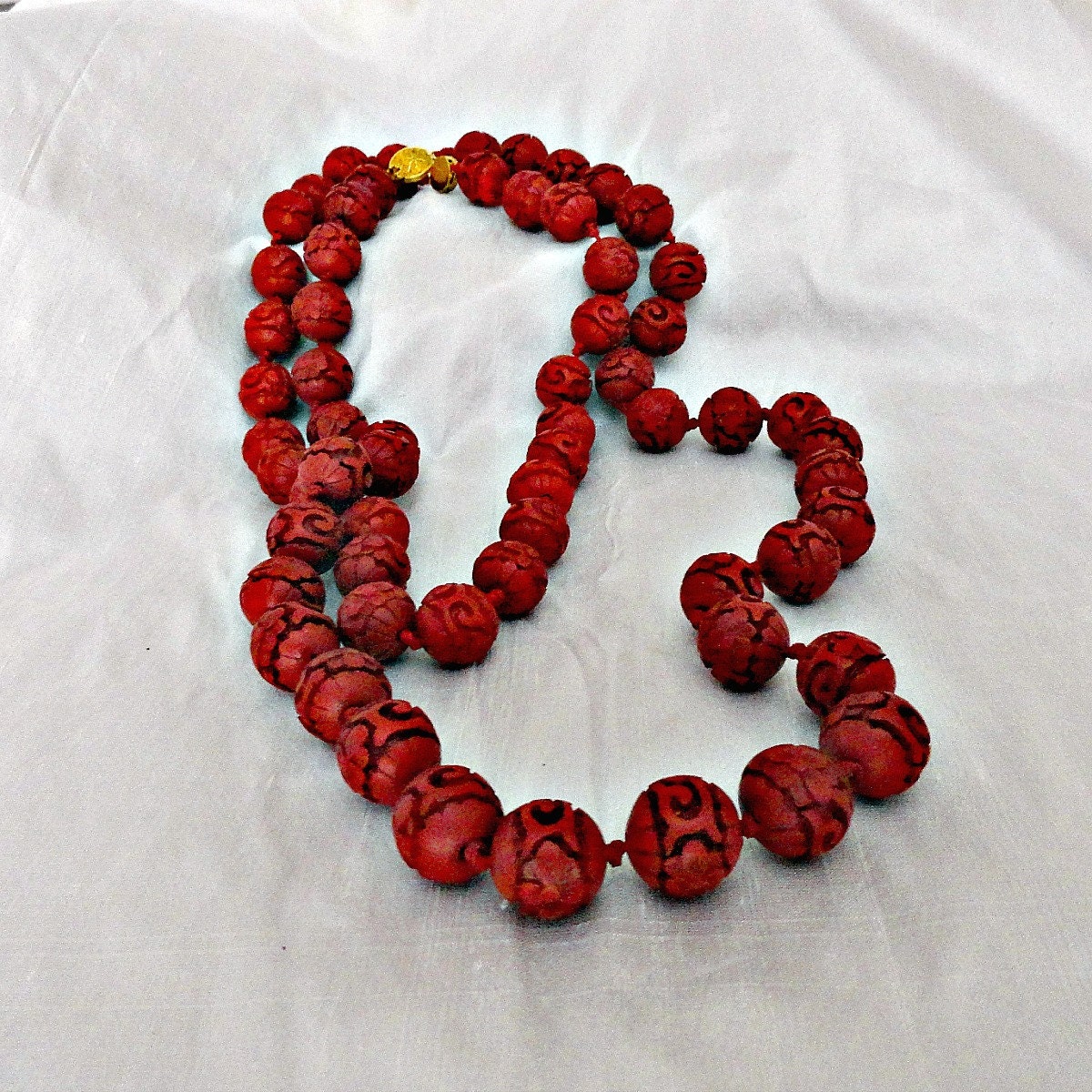 Vintage Cinnabar Bead Necklace Hand Carved