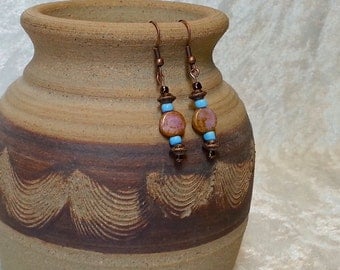 Gypsy Boho Inspired Earrings - Amber and Pink Czech Glass Earrings - Antique Copper Earrings - Bohemian Jewelry