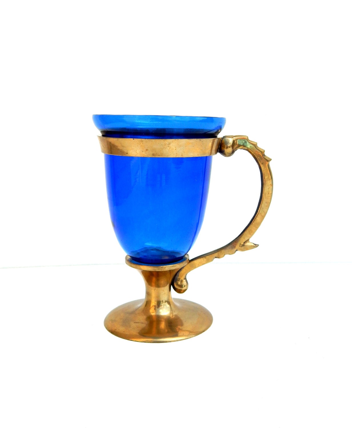Vintage Cobalt Blue Glass Cup with Brass Pedestal and Handle