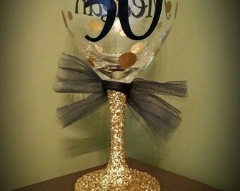 30th BIRTHDAY Personalized Glitter Stemmed Wine Glass; Birthday; Celebration; Present; Wedding; Gift; Bride to Be; Bachelorette; Bridesmaid