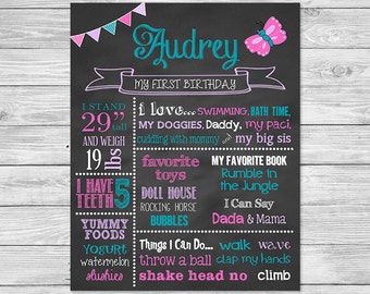 First Birthday Chalkboard of Favorite Things Poster Printable -16x20 -Butterfly Birthday Chalkboard Sign