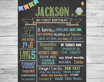 First Birthday Chalkboard of Favorite Things Poster Printable, Owl Birthday, Owl Birthday Chalkboard Sign