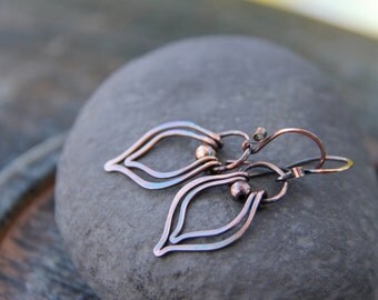 Short slim double Lotus bud petals dangle earrings in sterling silver or copper, double oval hoop earrings, elegant boho, everyday, petite