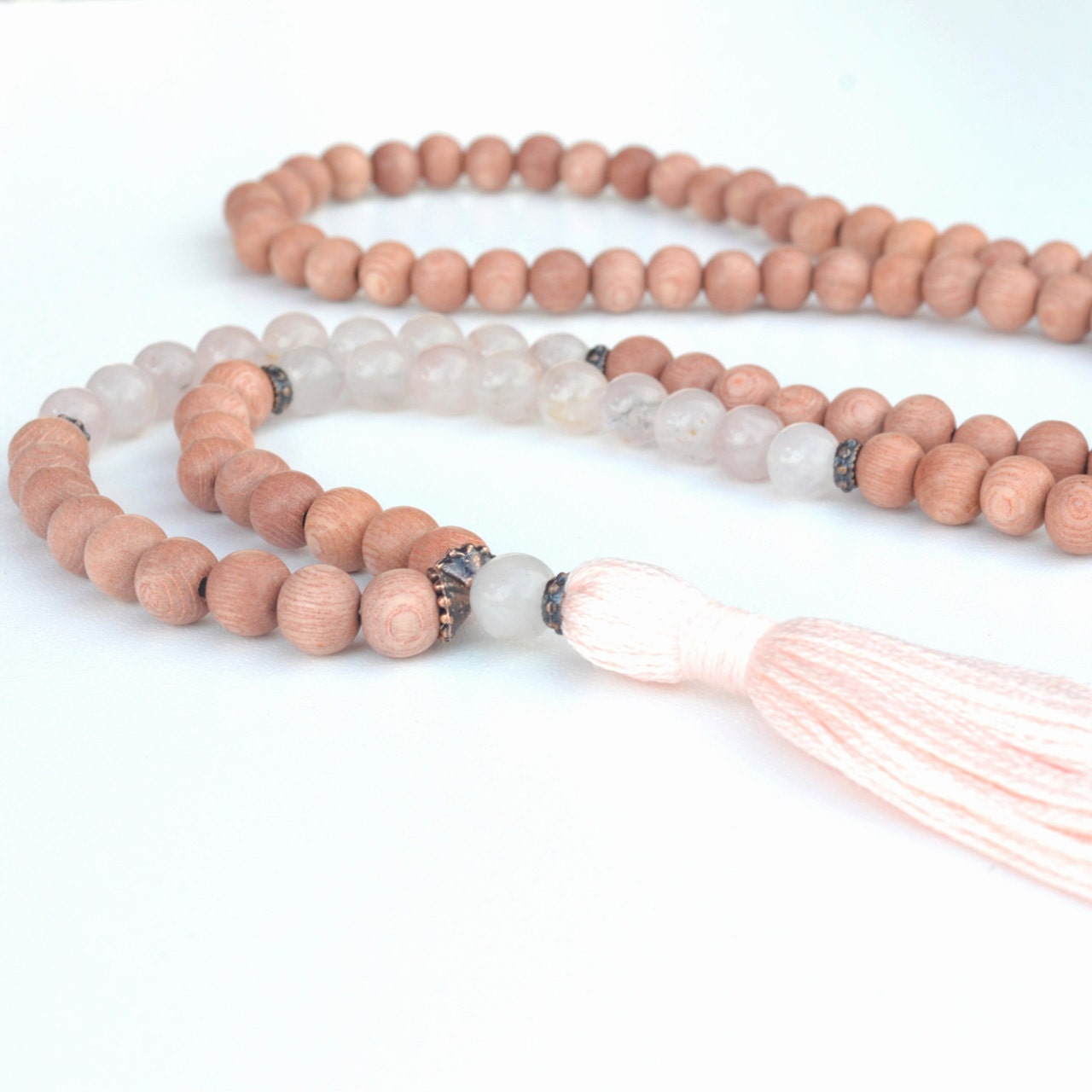 108 light Wood Japa Mala Beads Rose Quartz Pink Tibetan