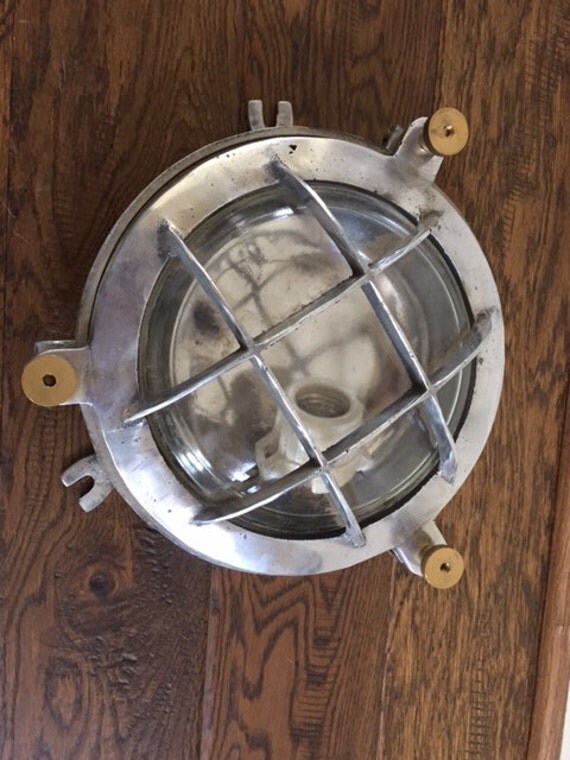 Vintage Circular Aluminum Light with Brass knobs- Industrial/ Nautical-  Restored, Rewired and Ready for use!