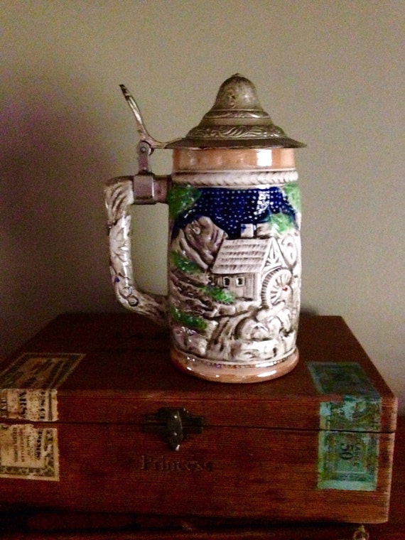 Rare Vintage Dutch Ceramic Beer Stein with Pewter Hinged Lid