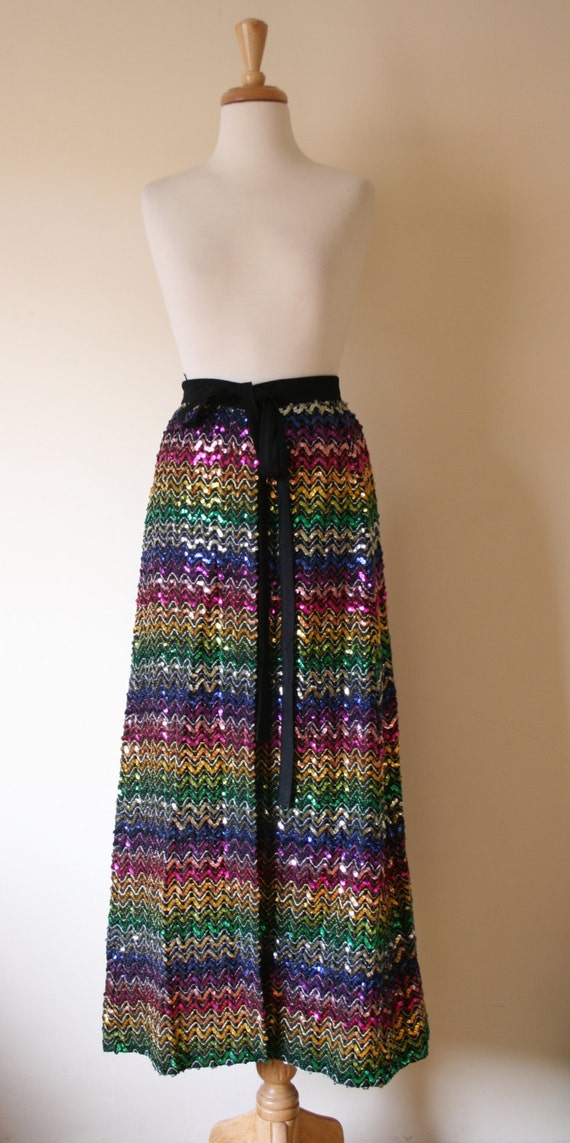 Vintage 1960s Rainbow Zig Zag Sequin Maxi Wrap Skirt