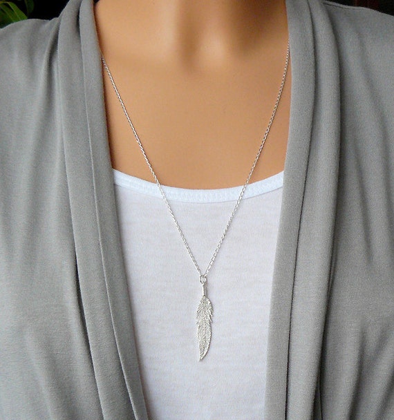 Feather Necklace - Long Necklace - Long Feather Necklace - Sterling ...