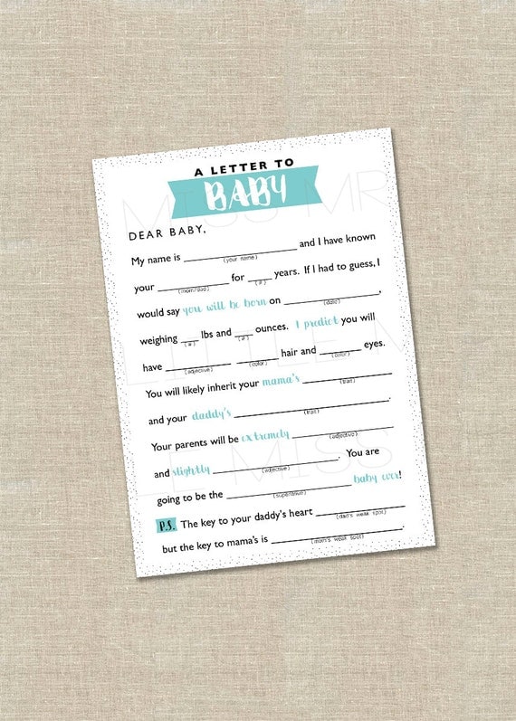 Mad-lib Baby Shower game // A Letter to BABY // pink, blue, yellow, gray