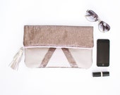 Blush Pink Leather & Rose Gold Sequins Metallic Leather Clutch, iPad Case, Fancy Bridesmaid Gift, Sequin Fold over Purse
