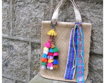 SALE 50% OFF, Boho Gifts, Hobo Bag Hippie Boho Bohemian Linen Purse Shopper Bag Tote, Pom Pom Tassel Bag, Bridesmaid Tote, FREE dip bag