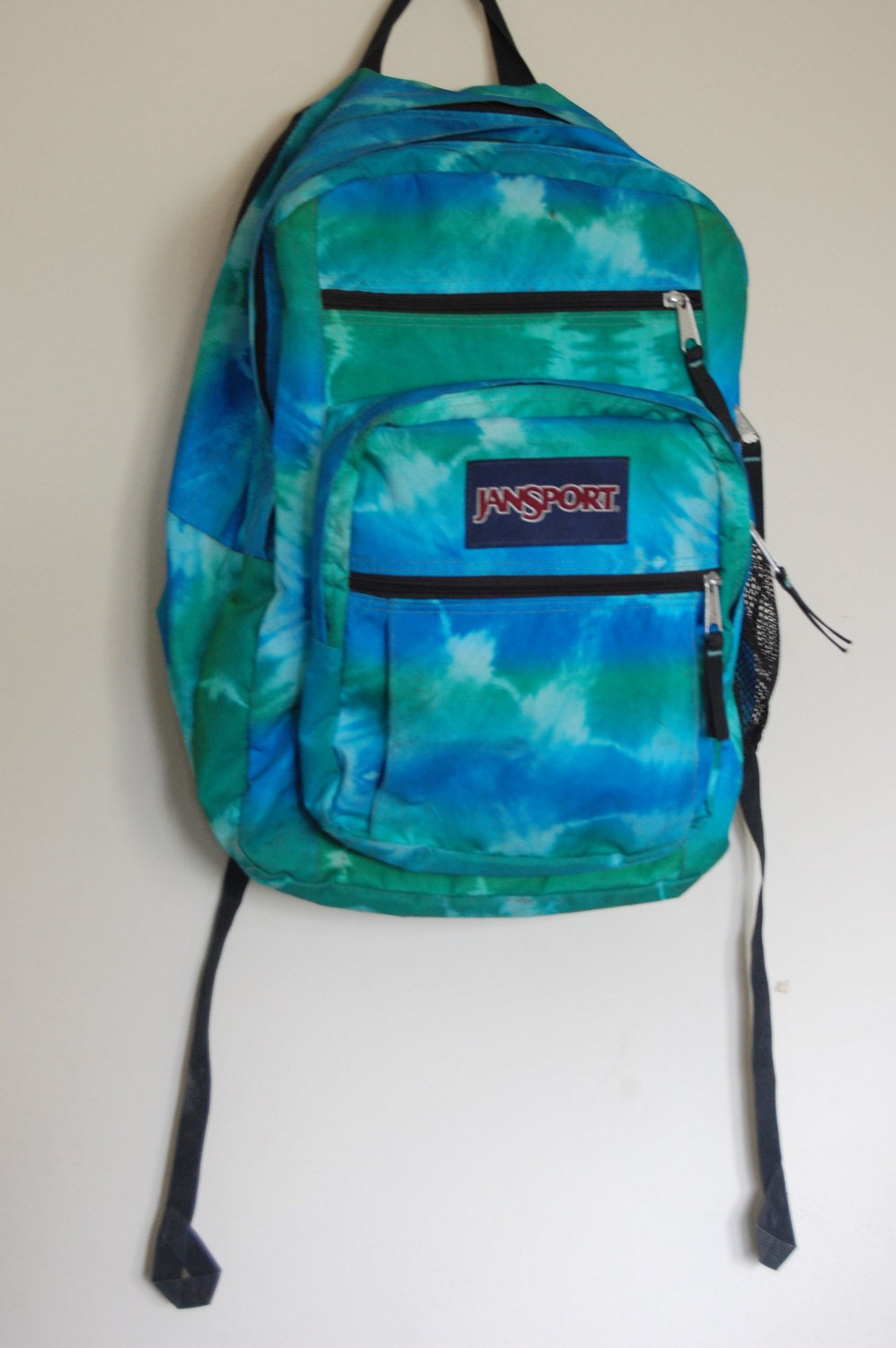 used large jansport backpack tie dye blue green pockets