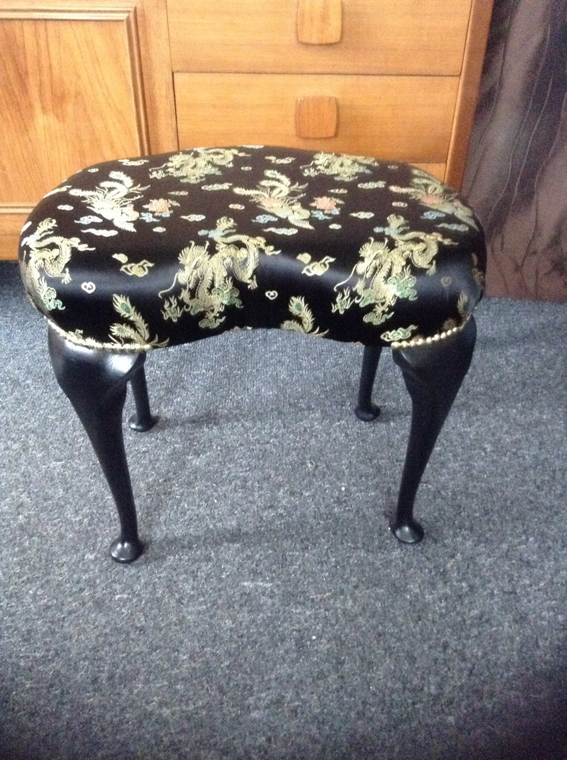 Vintage Kidneyshaped Dressing Table Stool in Black & Gold Oriental
