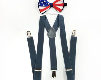 US Flag American Flag Suspenders,US Flag Lanyard&Solid Blue Pre-Tie Ne