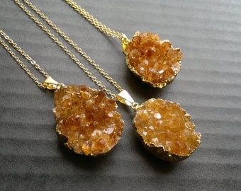 Citrine Necklace Citrine Druzy Pendant Citrine Crystal Citrine Jewelry Citrine Cluster Crystal Gold Dipped Stone November Birthstone Boho
