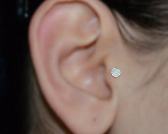 Silver 3mm White Opal Tragus Earring Stud 20 gauge - Nose Ring - Nose Stud - Cartilage Earring Stud - Helix Piercing - Helix Earring