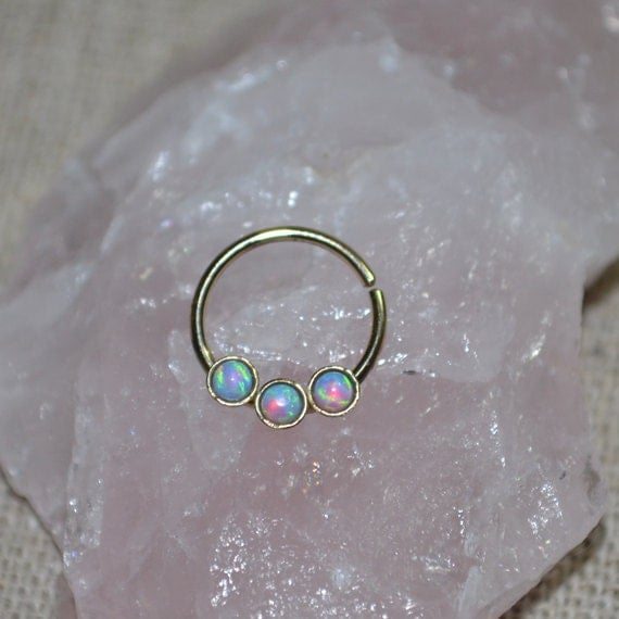 Septum Ring - Solid Gold Nose Ring 2mm Blue Opal - Helix Ring - Tragus Piercing - Septum Hoop - Nipple Jewelry - Cartilage Ring 20 gauge