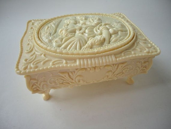 Vintage Ivory Ornate Plastic Jewelry Box by HistoricalVintage