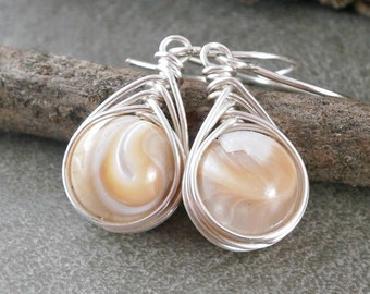 Sterling Silver Mother of Pearl Earrings Wire Wrapped Jewelry Handmade Herringbone Wrap Handcrafted Jewelry Unique Bridal Earrings Pearls