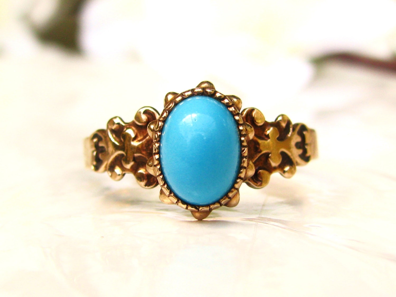 Antique Engagement Ring Cabochon Turquoise by LadyRoseVintageJewel