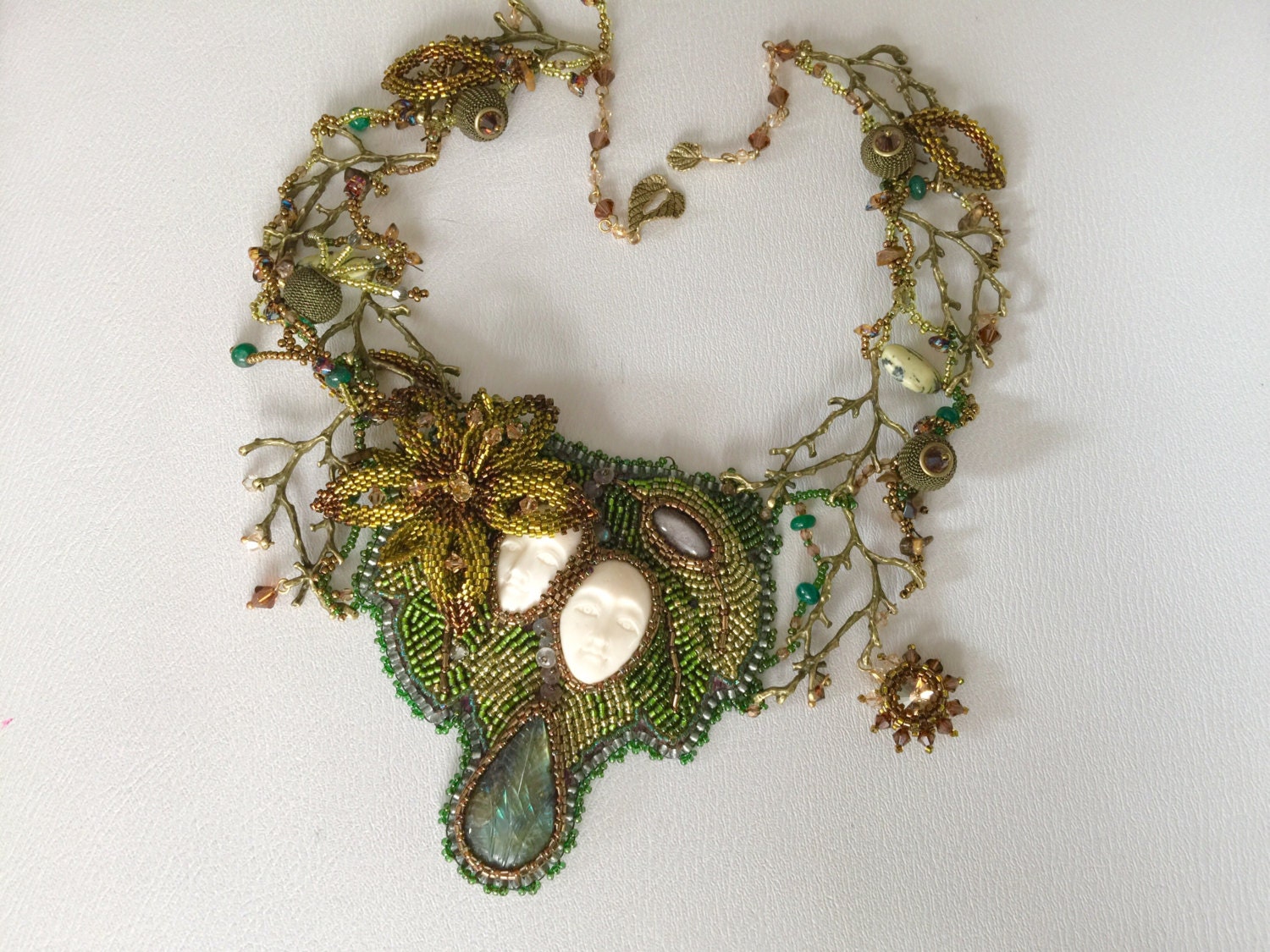 Bead embroidery OOAK necklace nature seed bead necklace