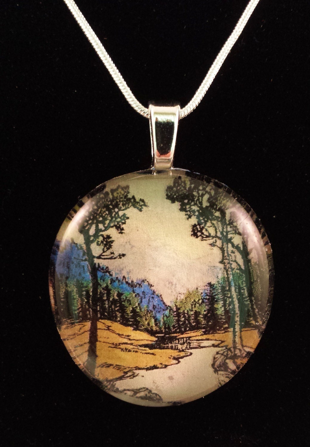 Handmade glass pendant necklace with vintage painting by