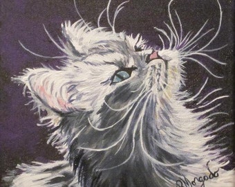 Grey Kitten , Acrylic Kitten portrait , Oringinal painting , 8" x 8" Canvas