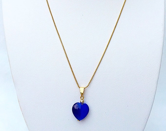 Blue Heart Necklace, 14k Gold Plated Necklace, Blue Necklace, Gold Necklace, Handmade Necklace, Unique Necklace, Heart Necklace, shinny blue