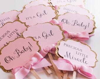 Pink and Gold Baby Shower Cupcake Toppers. Baby Girl Shower Party Decorations. Gold Glittered Party Picks 12CT