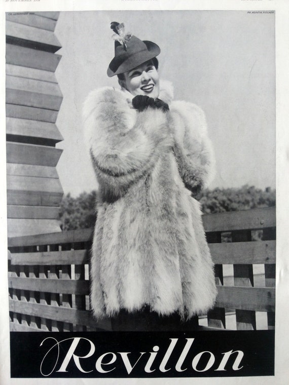 Revillon fur coat fashion advertising poster Hermes bags by OldMag