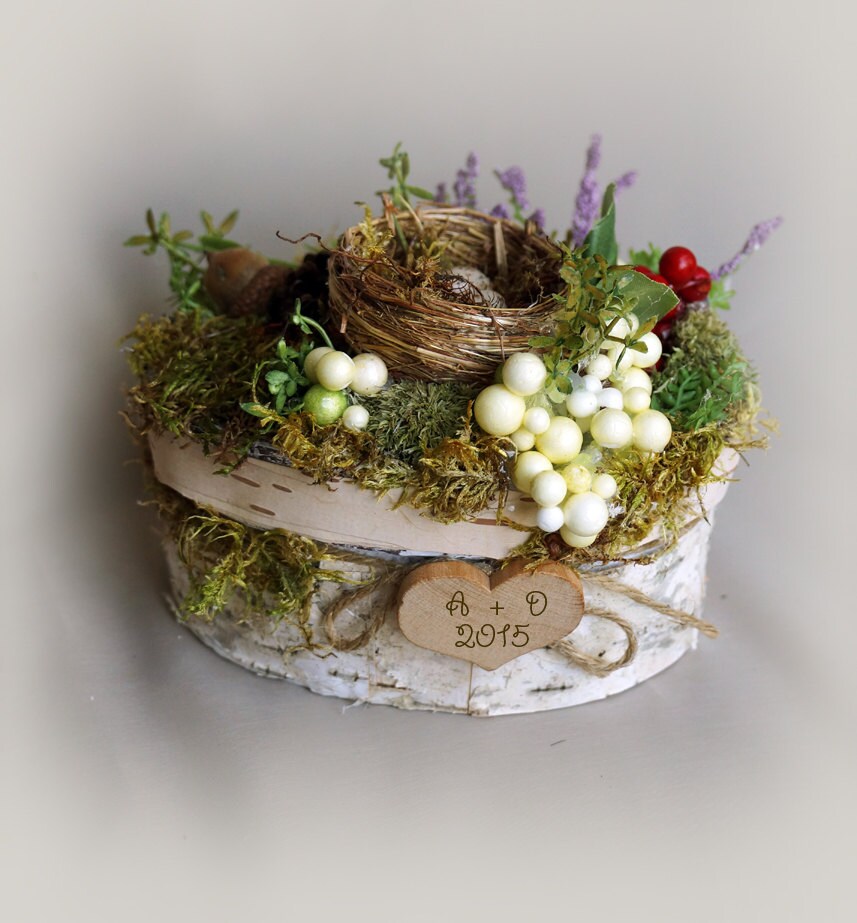 Personalized Wedding Ring Pillow Box Birch Bark Rustic by LaivaArt