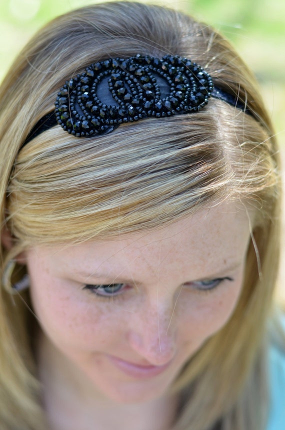 Items similar to Black Bling Headband, Beaded Headband, Glitter Stretch Headband, BOHO Headband