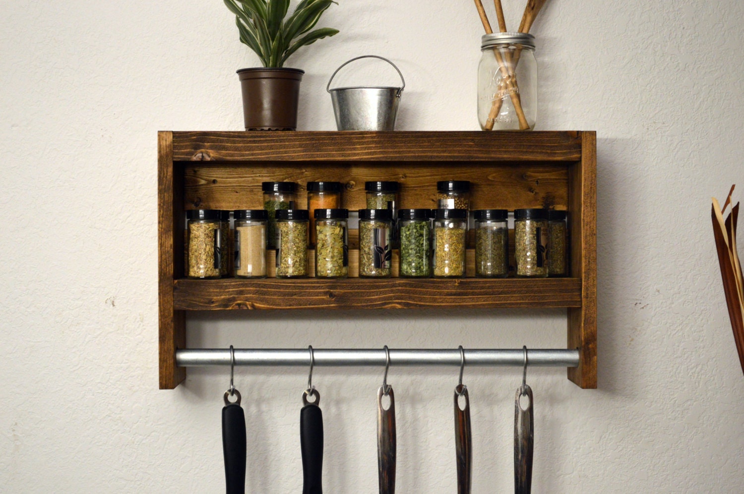 Rustic Modern Kitchen Shelf Pot Rack Hooks by RusticModernDecor