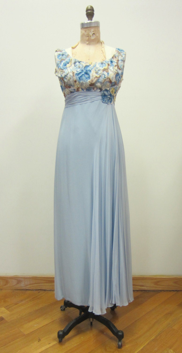 1960s Empire Waist Chiffon Dress With Embroidered Corsage 