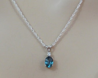 London Blue Topaz Accent Necklace, 7x5mm Blue Topaz Pendant, London Topaz Jewelry, Sterling Silver, December Birthstone, Bride, Wedding