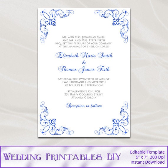 Royal Blue Wedding Invitation Template Diy Printable Blue