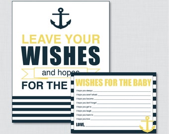 Nautical Wishes for Baby - Printable Nautical Well Wishes for Baby Cards and Sign in Navy and Yellow Anchor - Instant Download - 0029-Y