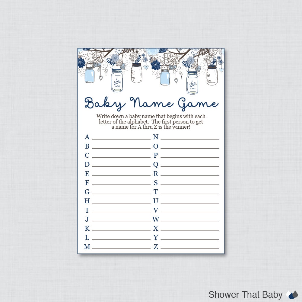 Blue Mason Jar Baby Shower Baby Name Game Baby Name Race