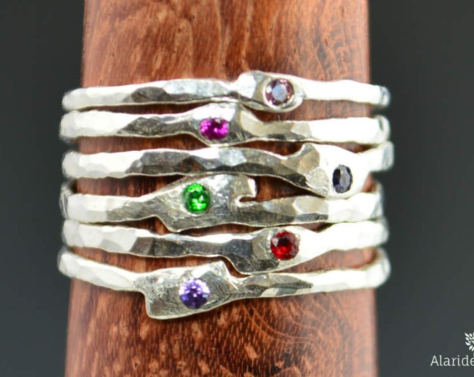 Grab 6-Thin Freeform Mother's Rings, Birthstone Ring, Stacking Rings, Silver Birthstone Rings, Mother's Gemstone Ring, Pure Silver Rings