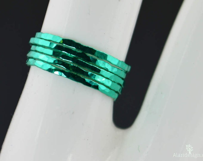 Set of 5 Super Thin Emerald Silver Stackable Rings, Green Ring, Green Jewelry, Emerald Band, Stacking Ring Set, Emerald Ring Set, Green