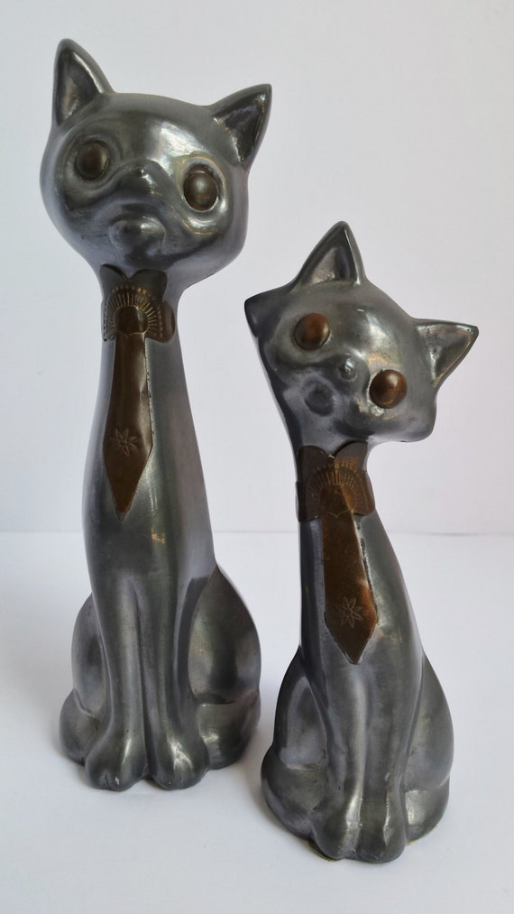 Pair of Pewter Cat Figurines with Brass by ThereAndBackVintage